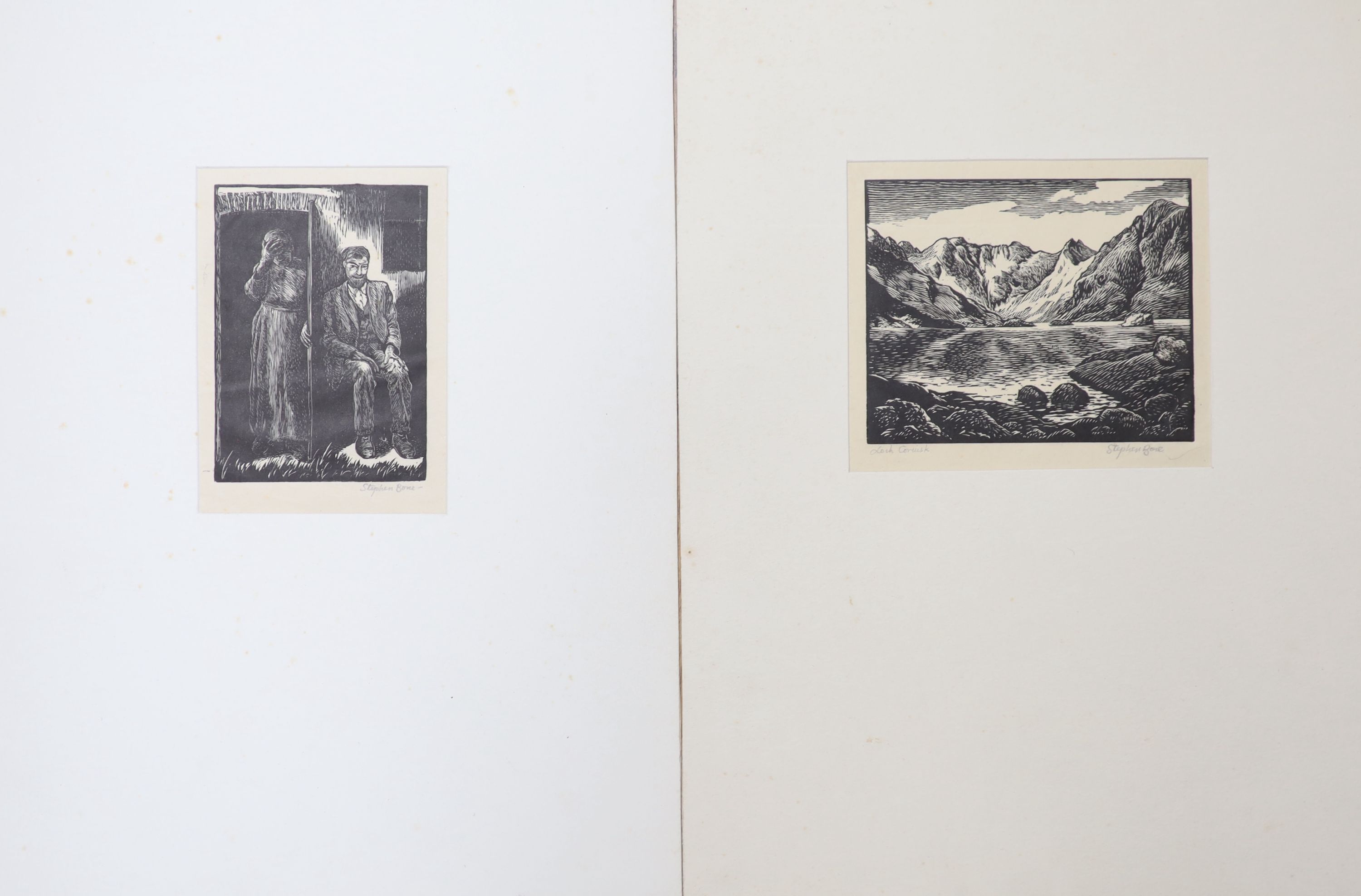 Stephen Bone, N.E.A.C., (1904-1958), two woodcut prints: Priest in confession; and 'Loch Coruisk' Isle of Skye, Scottish Highlands, signed in pencil, 11.5 x 8cm and 10 x 12.5cm, both unframed